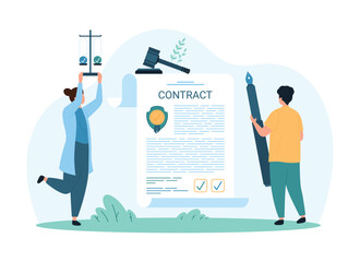 Signing contract, agreement with signature, deal. Tiny people holding law scales and pen to sign paper legal form, license or investment and purchase, credit approval cartoon vector illustration