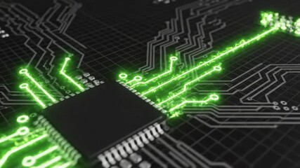 Green light data flow on microchip. Abstract visual of computational data processing on electronic circuit. Technology grid development. - Powered by Adobe