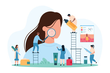 Diagnosis and treatment of teens acne, dermatology and cosmetology. Tiny people study girls face skin through magnifying glass, doctor check pimples and inflammation cartoon vector illustration