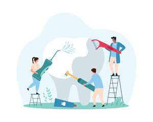 Professional teeth hygiene in clinic and home, dentistry checkup. Tiny people dentists clean tooth with electric toothbrush and stream of water from irrigator, dental floss cartoon vector illustration