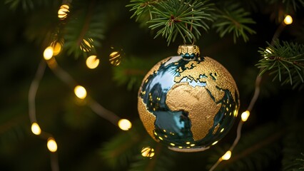 Obraz premium Festive Gold Earth Ornament Hanging on Christmas Tree with Bokeh Lights.