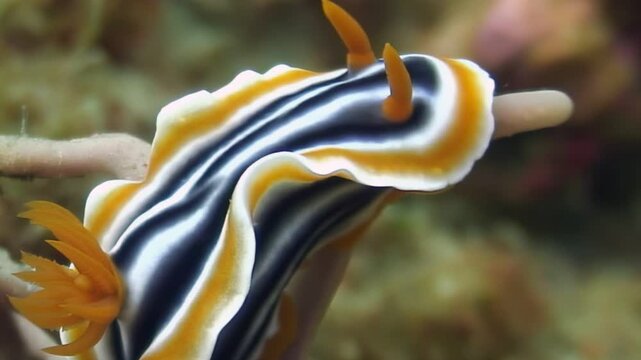 Vibrant Chromodoris willani nudibranch, distinguished by its striking blue, white, and yellow stripes, is observed in its natural environment. Marine slug navigates coral reef in Indo-Pacific ocean.