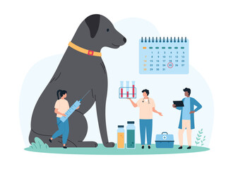 Vaccination of pet, visit in professional vet clinic. Tiny people check date of vaccine injection on calendar, nurse holding syringe for vaccination of big sitting dog cartoon vector illustration