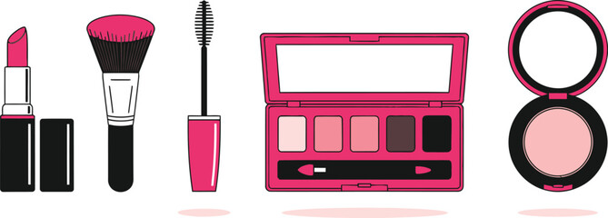 Flat illustration collection of 5 makeup items lipstick mascara brush eyeshadow palette and powder compact