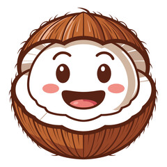 Happy cartoon coconut mascot character with a wide smile and rosy cheeks, friendly tropical fruit isolated on a white background, sweet dessert