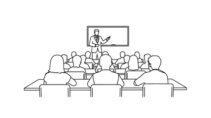 Lecture hall with a presenter and audience in black and white silhouette