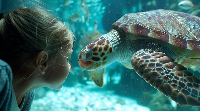 Young child gazing at sea turtle in aquarium with blue water