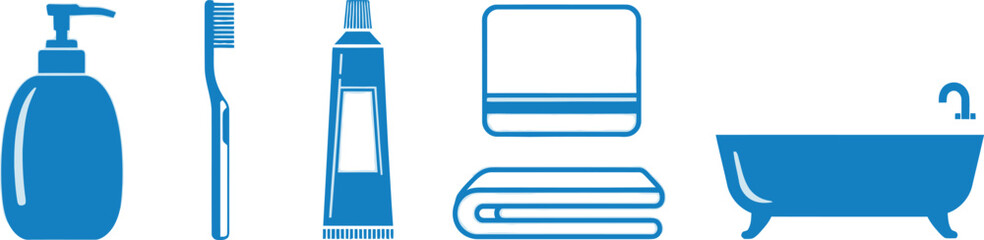 Flat vector set of 5 bathroom items soap dispenser toothbrush toothpaste towel and bathtub