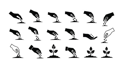 Stages of planting seeds and growth depicted in black silhouette © MdGolam