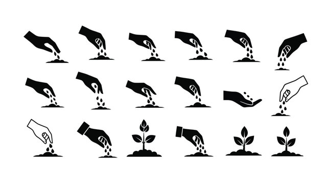 Stages of planting seeds and growth depicted in black silhouette