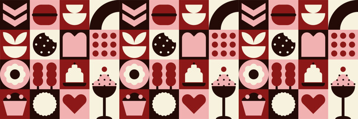 Kitchen background with modern geometric bakery mosaic and fast food pastry pattern.