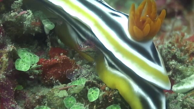 Chromodoris annae, also known as Anna's magnificent sea slug, is seen gliding across ocean floor. Its bright colors stand out against coral reef in Philippines. This beautiful nudibranch.