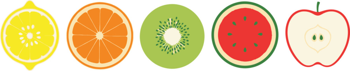 Flat vector set of 6 fruit slices lemon orange lime kiwi watermelon and apple