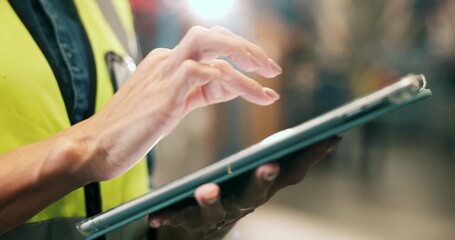 Shipping, tablet and hands with woman in warehouse for inventory manager, shelf and delivery report. Inspection supervisor, online checklist and logistics with person in factory for freight storage - Powered by Adobe