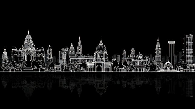 Fototapeta A linear black and white line drawing of city buildings. Buildings are diverse, some with domes. Reflection