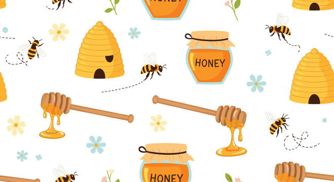 A cute and charming seamless pattern featuring honey jars, beehives, buzzing bees, and honey dippers on a white background.