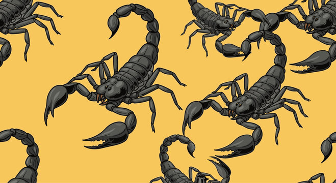 A striking seamless pattern featuring detailed illustrations of black emperor scorpions on a bright yellow background for design.