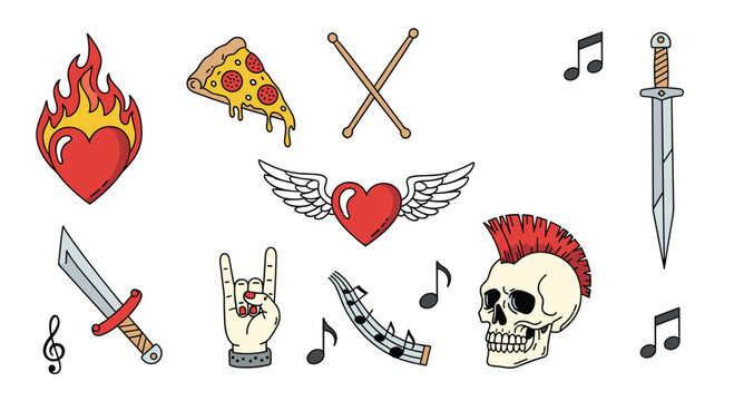 A cool set of colorful rock and roll and punk music themed tattoo-style doodles including a skull, swords, and pizza slices.