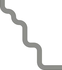 Striped path forming a maze aligned on a diagonal axis with wave continuity and curved routing.