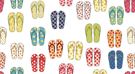 A fun and colorful seamless pattern of various summer flip-flop sandals decorated with classic polka dot patterns on white.