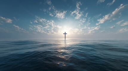 A lone cross stands in the sea, illuminated by the sun breaking through a cloudy sky, creating a serene, hopeful scene