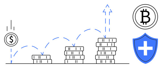 Obraz premium Financial growth, digital currency, investment, savings, wealth protection, financial stability. Stacks of coins with rising arrows, Bitcoin symbol security shield. Financial growth and digital