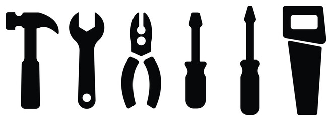 Hand tools silhouette set, Repair equipment icons, Construction tool collection