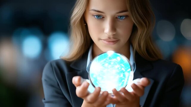 A faceless woman practicing divination, gazing into a transparent scrying sphere filled with abstract future symbols, soft defocused lighting, with copy space