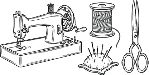Line art vector set of 4 sewing tools vintage sewing machine thread spool needle cushion and scissors