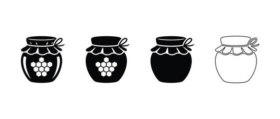 Vector honey jar icon set with honeycomb silhouette collection