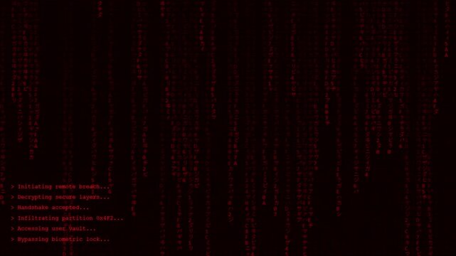 Animated Red Matrix Digital Code. Cyber Security Hacker Terminal Interface. Infiltration and Data Breach Animation on black background 
