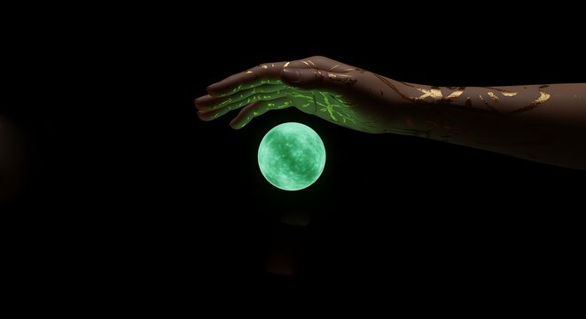 hand with glowing green moon in palm
