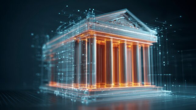 A luminous, digitized depiction of a classic building with pillars and a triangular roof, showing a network of lines - Powered by Adobe