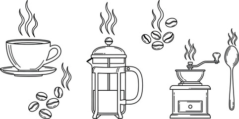 Line art vector set of 5 coffee items steaming cup french press coffee beans grinder and spoon