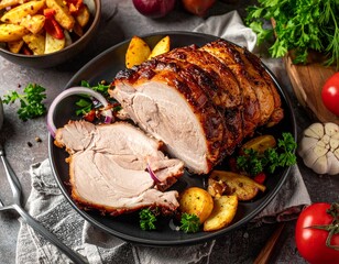 Saftiger, goldbraun ger&ouml;steter Schweinenacken auf einem Tisch serviert