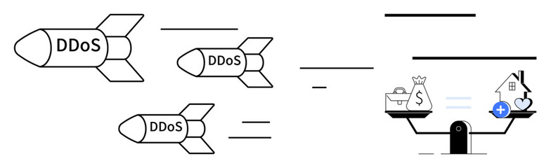 DDoS attacks. DDoS threats as missiles targeting systems, digital security risks. DDoS leading to financial instability, system downtime, and data loss. For tech, finance, risk analysis IT education
