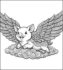 Fototapeta premium Cute pig with beautiful pattern detailed vector outline illustration coloring page for adults and children