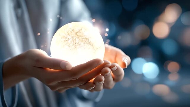 A soft-focus scene of a faceless witch and a glowing scrying ball, abstract light patterns symbolizing love and new beginnings, with copy space