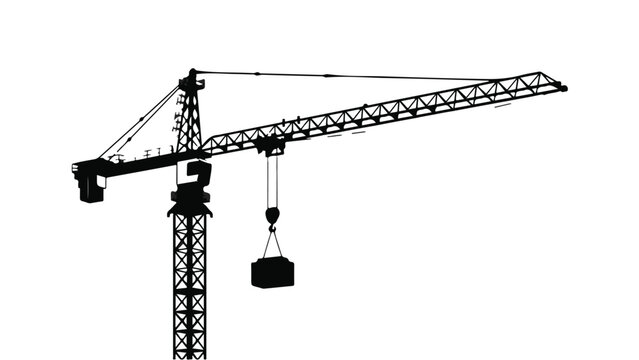 Industrial construction crane with hook block and boom on white background, heavy industry equipment, engineering and building concept