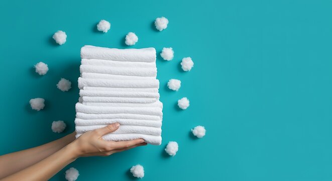 person holding stack of white towels with cotton balls