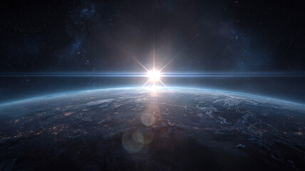 Breathtaking Earth Sunrise from Orbit with Brilliant Sun Star Burst Over Blue Atmosphere in Deep Space