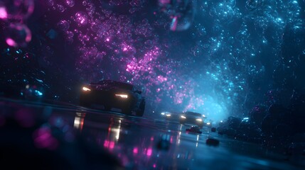 Neon Night Drive - Futuristic Cars Navigate a Vibrant, Glowing Cityscape.