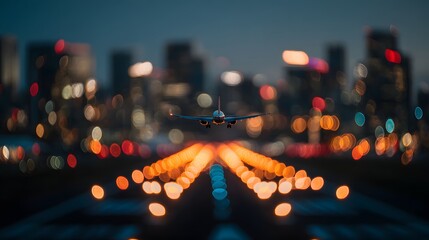 Nighttime Airplane Landing on Runway with City Lights in the Background.