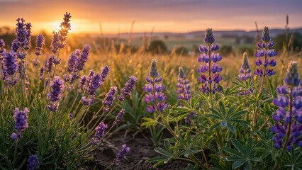Beautiful purple lupine flowers blooming in a tranquil meadow bathed in golden hour sunset light