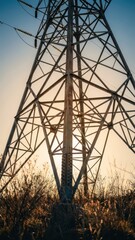 Tall electricity pylon structure with power lines stands against a stunning golden sunset providing essential energy