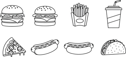 Line art vector set of 6 fast food icons burger fries drink cup pizza slice hot dog and taco