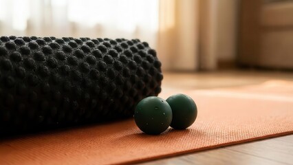 Black foam roller and green massage balls on orange yoga mat for fitness and muscle recovery