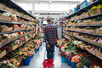 Man shopping for colorful flowers in retail store aisle