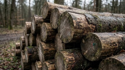 Freshly cut rough timber logs piled in a natural forest environment showing wood texture
