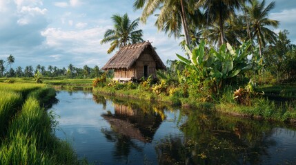 Obraz premium Tranquil Cottage by Serene Waterway Surrounded by Lush Tropical Foliage and Majestic Palm Trees in a Picturesque Rice Field Landscape